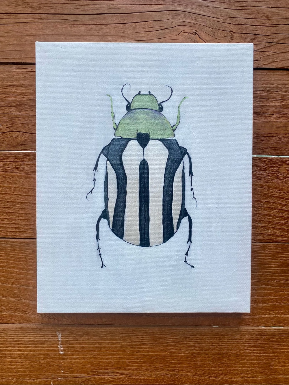 Handmade Green and Black Striped Beetle Canvas Wall Art